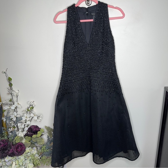 AIDAN MATTOX Beaded Mesh Net Tea Length Cocktail Dress Black - Picture 2 of 4